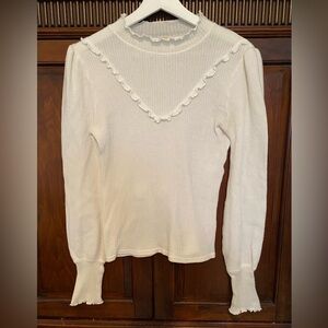 Free People Ribbed Mock Neck puff sleeve ruffle yoke lettuce edge peasant top S